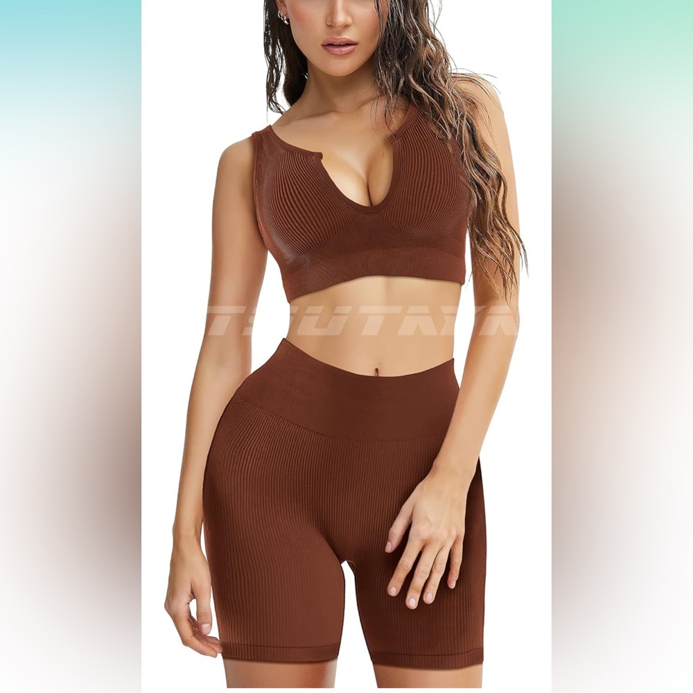 Seamless Ribbed Workout Set 2 Piece Biker Shorts V Neck Sports Bra - Picture 1 of 10